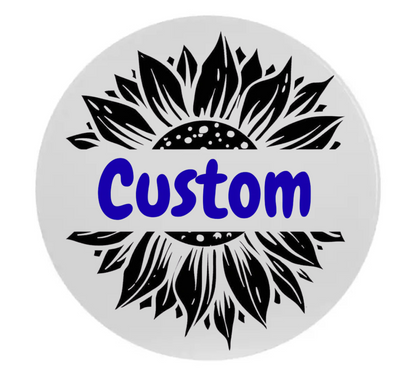 Circular design with black floral patterns and the word 'Custom' in blue center on a white background