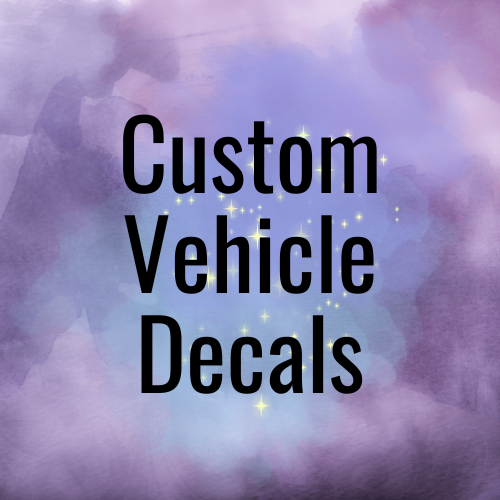 Text 'Custom Vehicle Decals' on a colorful, abstract background
