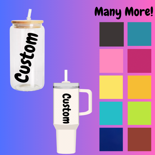 Two customizable tumblers with color swatches on a gradient background