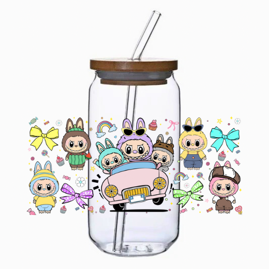 Clear tumbler with cartoon characters and colorful designs on a white background