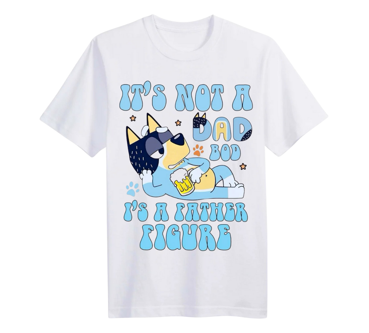 White t-shirt with cartoon dog graphic and text on a white background