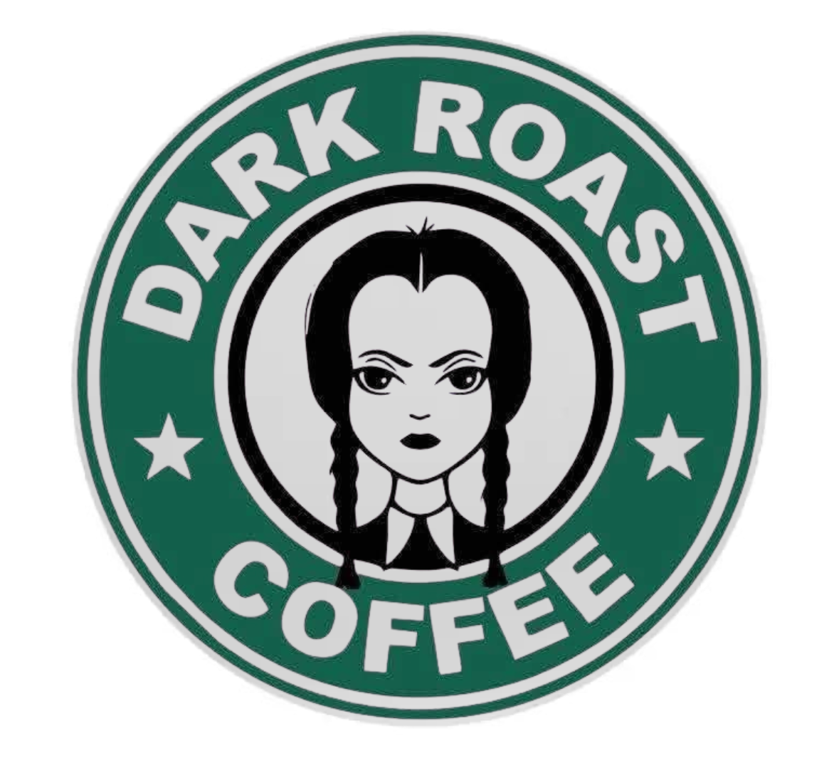 Dark Roast Coffee logo with a stylized face in the center on a green background