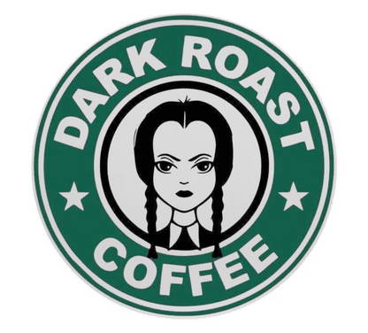 Dark Roast Coffee logo with a stylized face in the center on a green background
