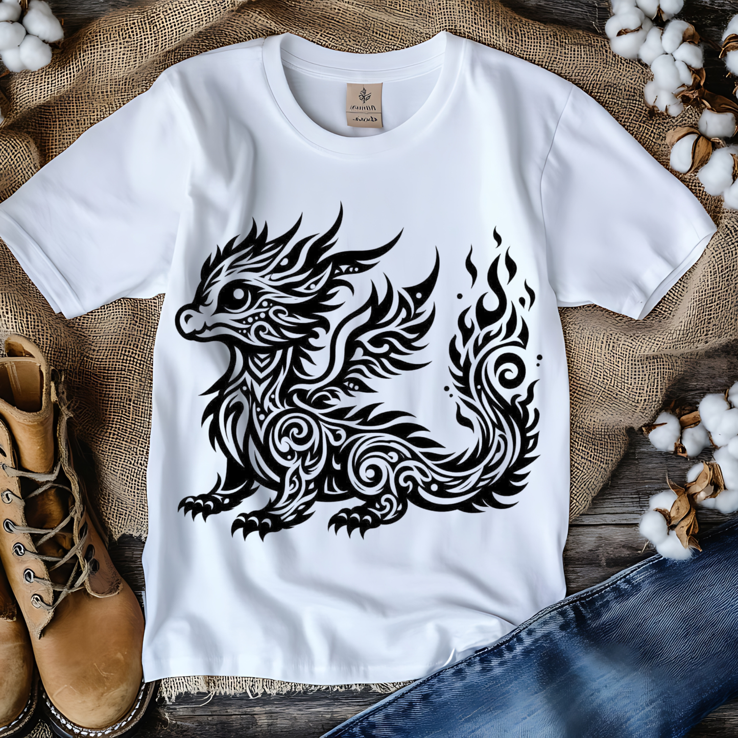 White t-shirt with black dragon design on a rustic background with boots and jeans.