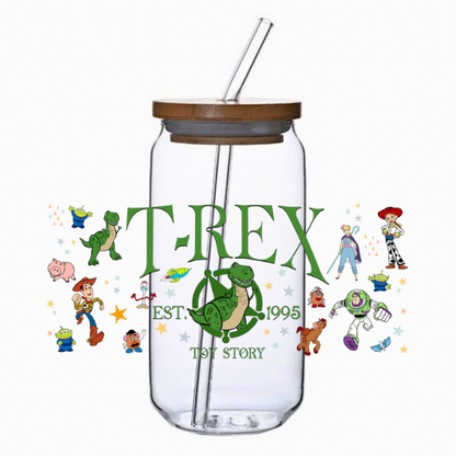 Clear tumbler with a dinosaur and cartoon characters on a white background