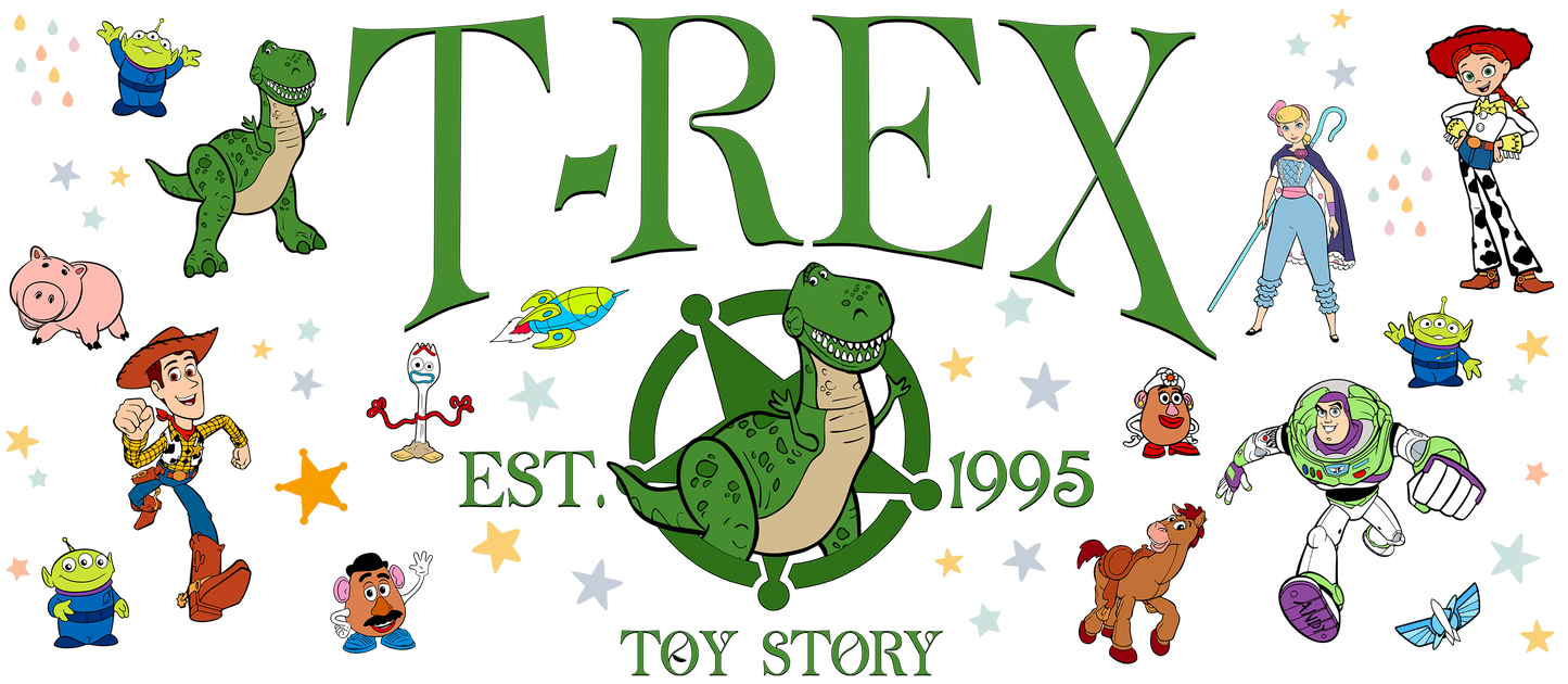 Dinosaur illustration with various characters.