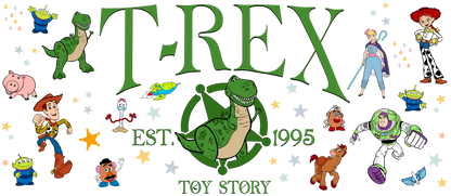 Dinosaur illustration with various characters.