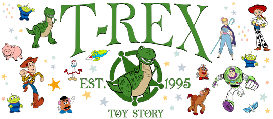 Dinosaur illustration with various characters.