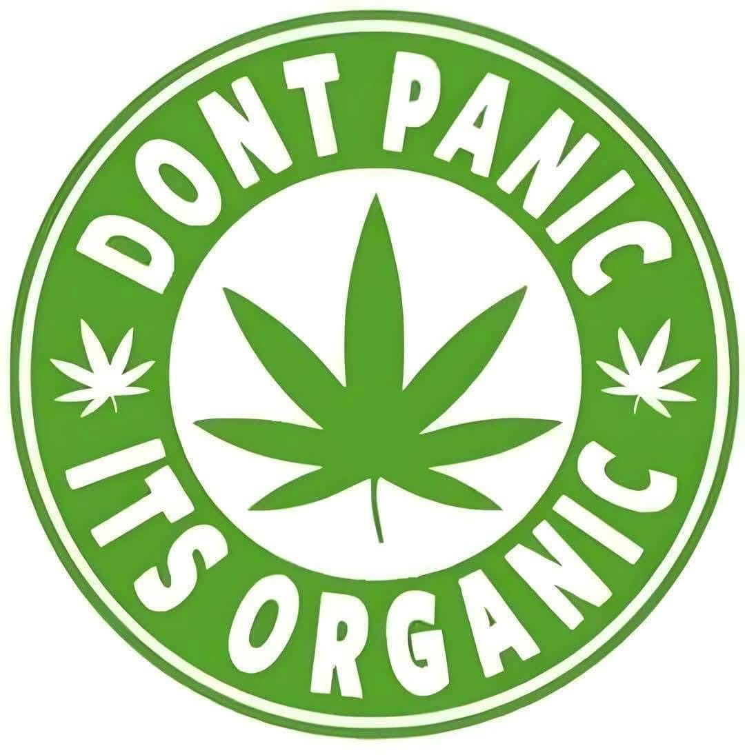 Circular logo with cannabis leaf and text 'Don't Panic, It's Organic' on a green background