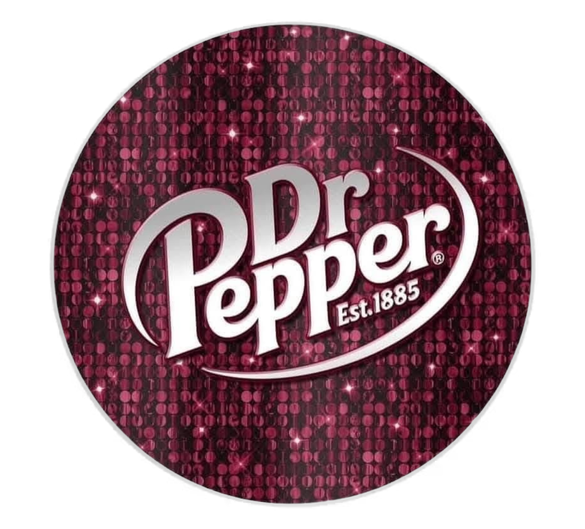 Dr Pepper logo on a maroon/red glittery background