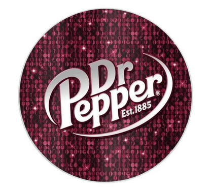 Dr Pepper logo on a maroon/red glittery background