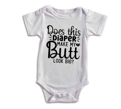White baby onesie with humorous text design on a white background
