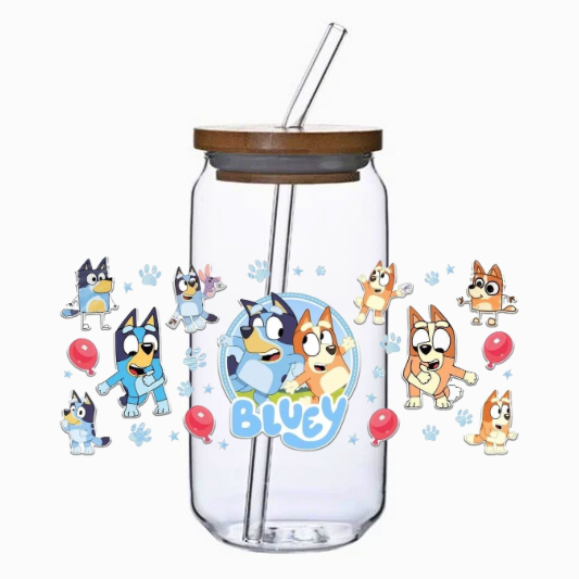 Clear tumbler with bamboo lid and straw featuring cartoon characters dancing with dog paws and balloons