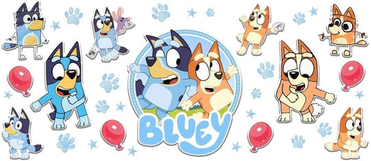 Cartoon characters with colorful balloons and paw prints on a blue background.
