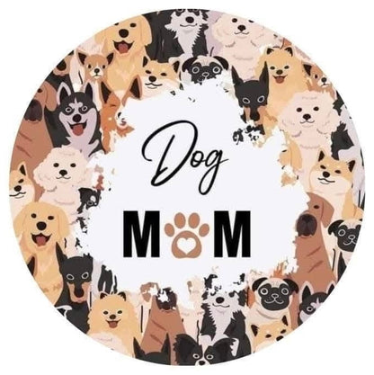 Round coaster design with dog illustrations and 'Dog Mom' text