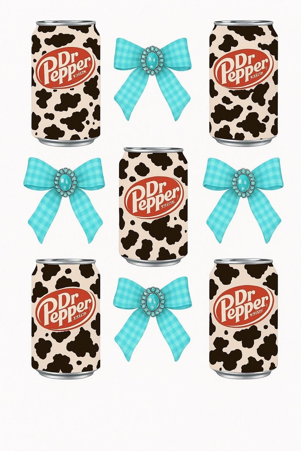 Dr Pepper cans with cow print and blue bows on a white background