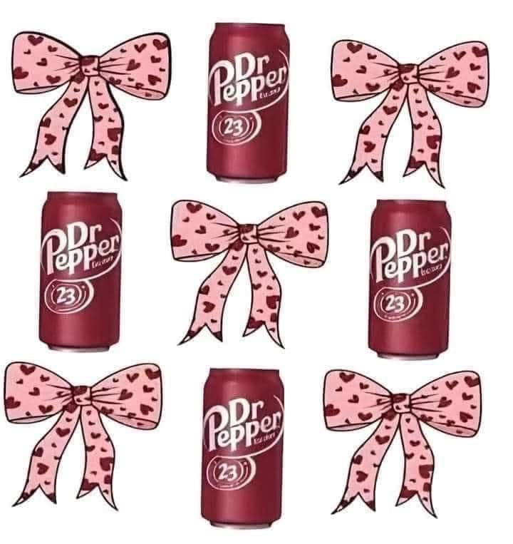 Dr Pepper cans with pink and heart bows on a white background