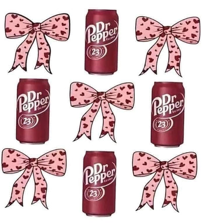 Dr Pepper cans with pink and heart bows on a white background