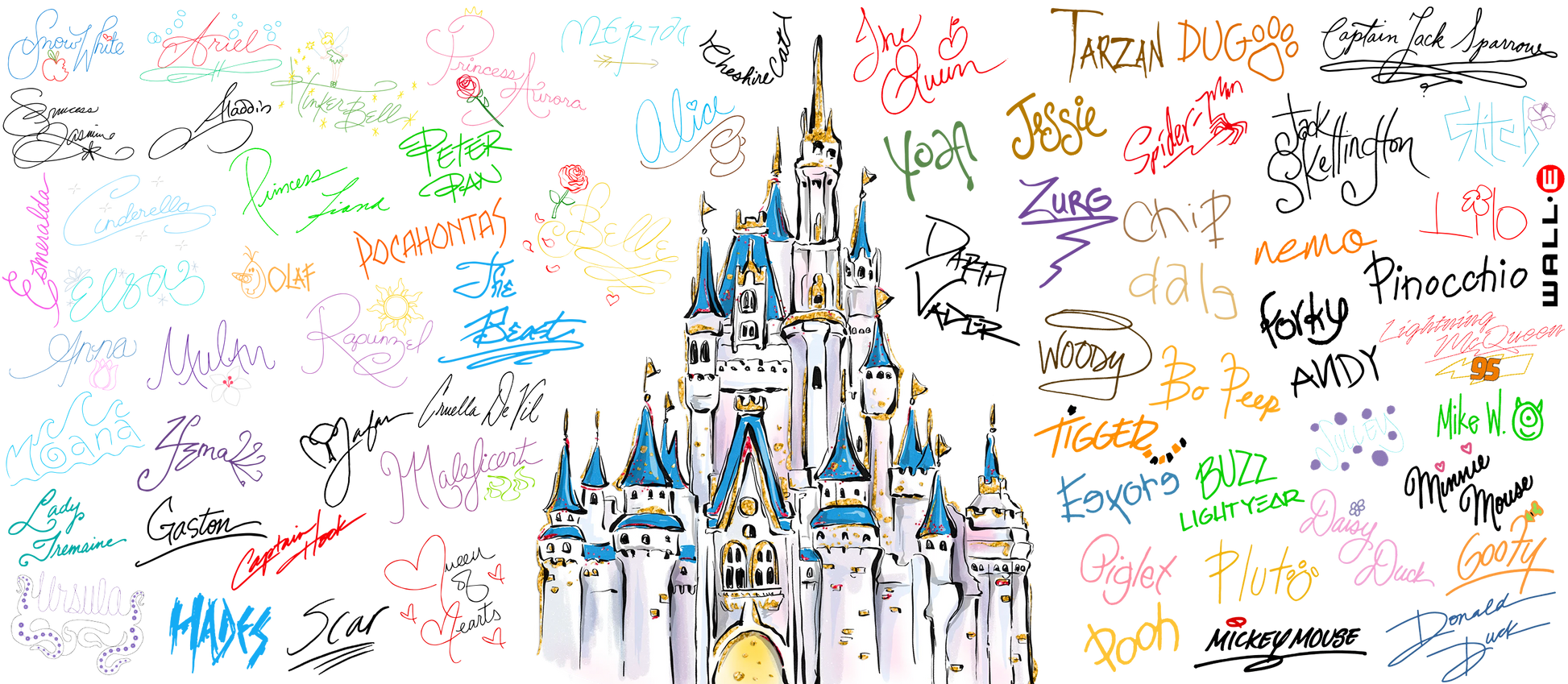 Dreamland castle with colorful signatures on a white background