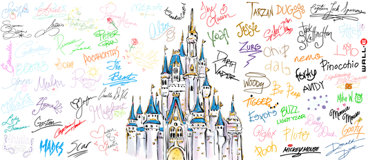 Dreamland castle with colorful signatures on a white background
