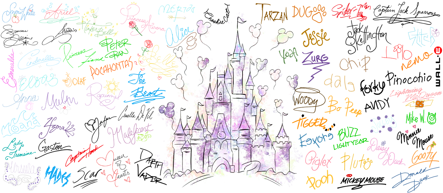 Colorful cartoon castle with various names and signatures around it on a white background