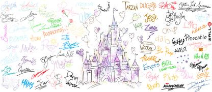 Colorful cartoon castle with various names and signatures around it on a white background