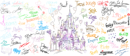 Colorful cartoon castle with various names and signatures around it on a white background