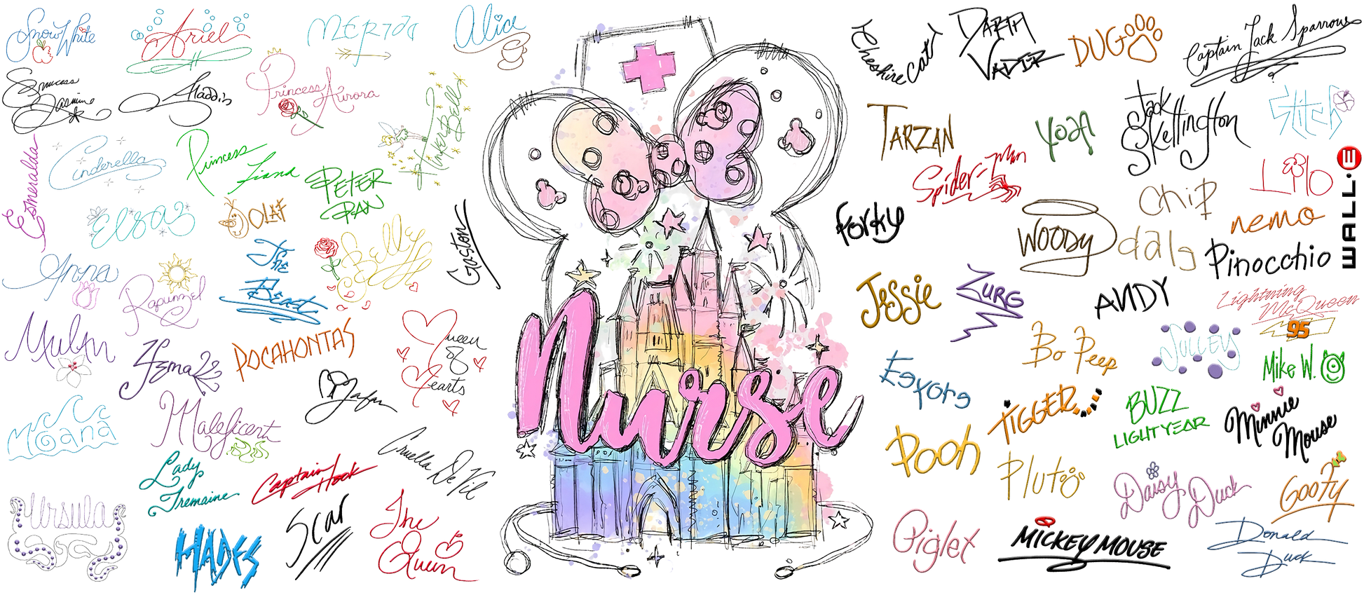 Colorful illustration of a nurse with rainbow colors and various names written around on a white background.