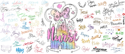 Colorful illustration of a nurse with rainbow colors and various names written around on a white background.