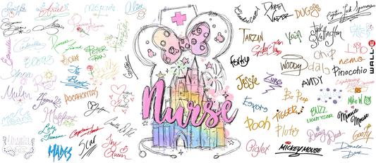 Colorful illustration of a nurse with rainbow colors and various names written around on a white background.