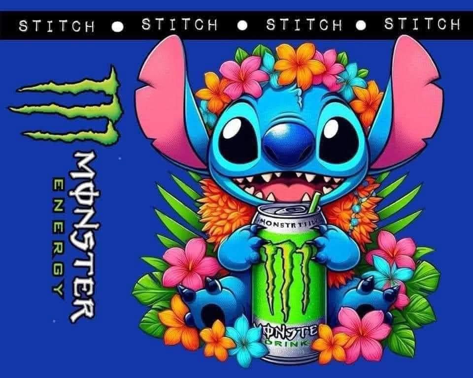Character holding a energy drink can with colorful flowers on a blue background
