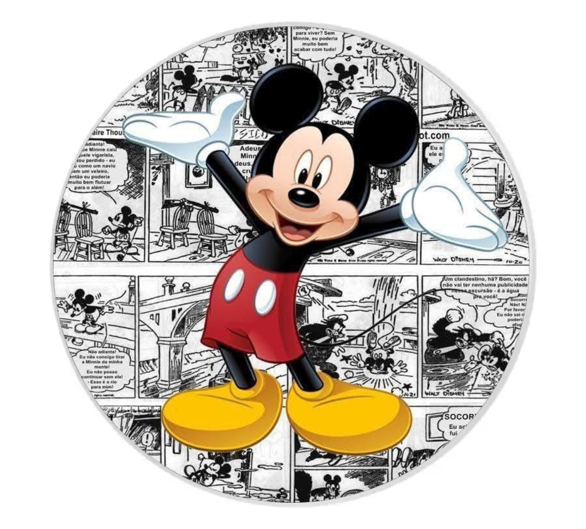 Circular design featuring a cartoon character with comic book background