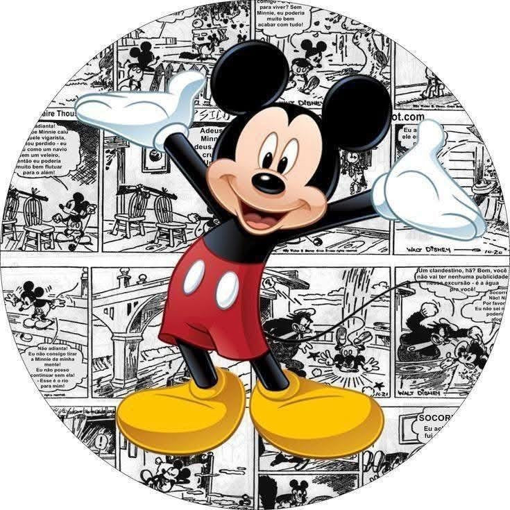 Circular image of everyone’s favorite mouse with comic book background