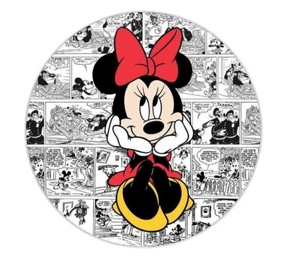 Circular design featuring a cartoon character with comic book background
