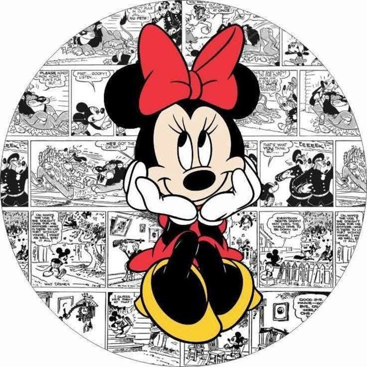 Cartoon character with a red bow on a circular background with comic strip pattern