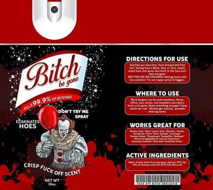 Product label with graphic design and text on a red background