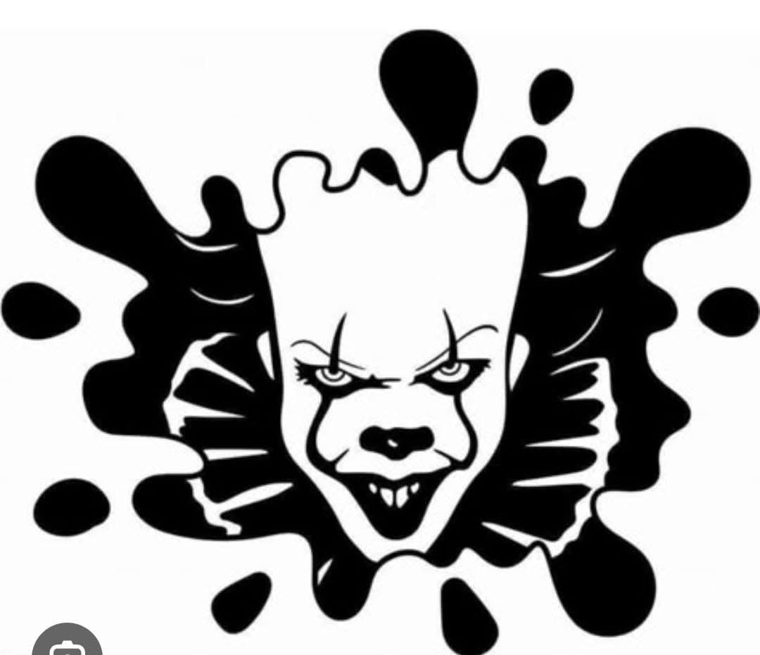 Black and white illustration of a clown with a menacing expression on a white background