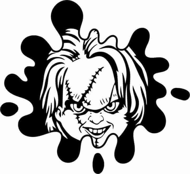 Black and white illustration of a clown face with a splatter effect on a white background