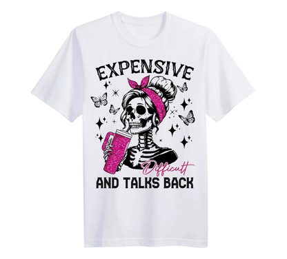 White t-shirt with a skeleton design and text on a white background