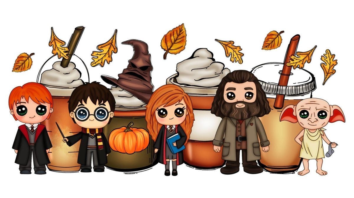 Cartoon characters from a fantasy series with autumn-themed elements on a white background
