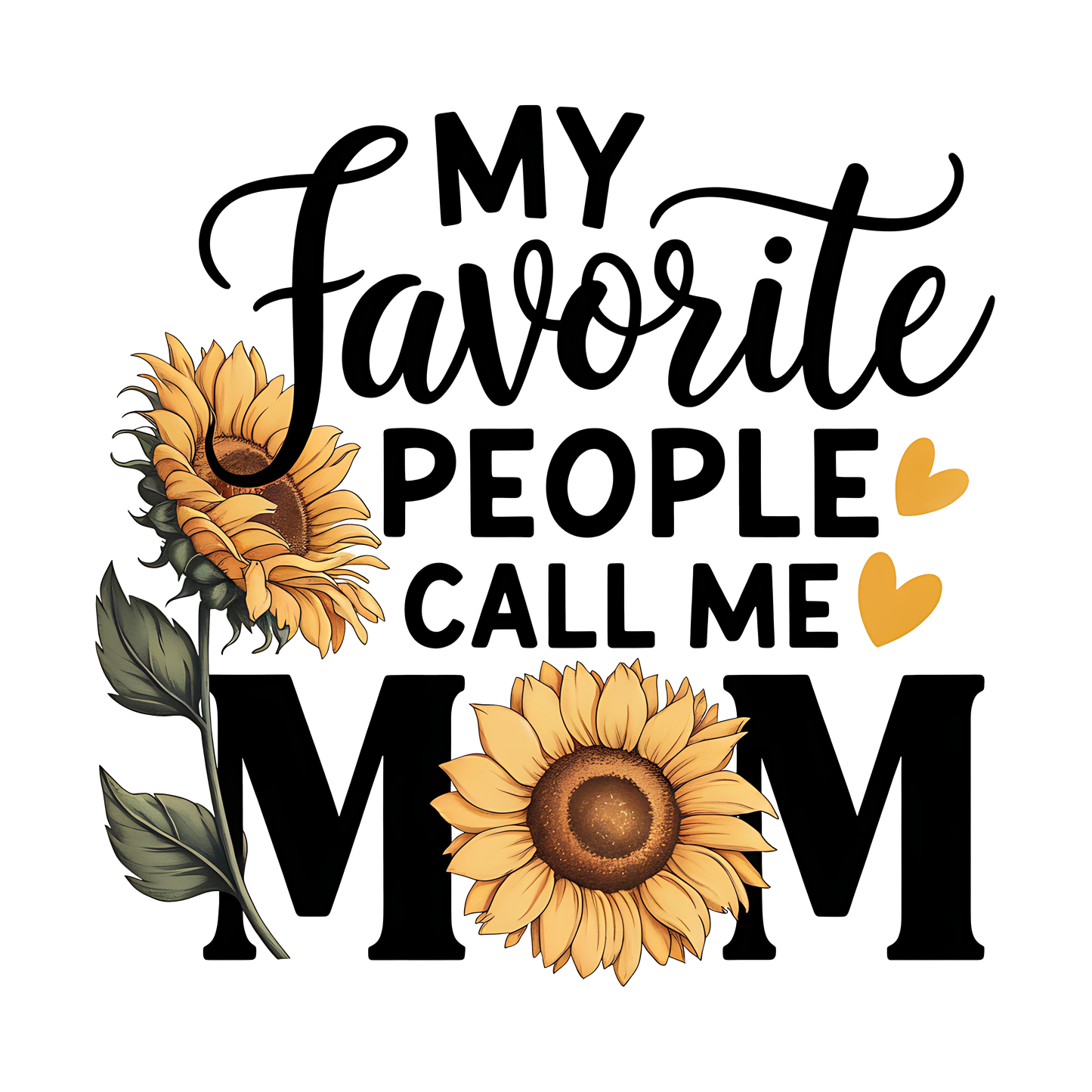 Decorative text with sunflowers and hearts on a white background