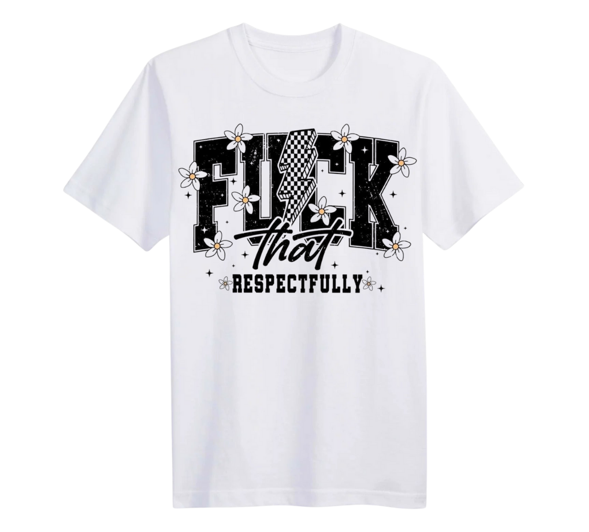 White t-shirt with black and white graphic design on a white background