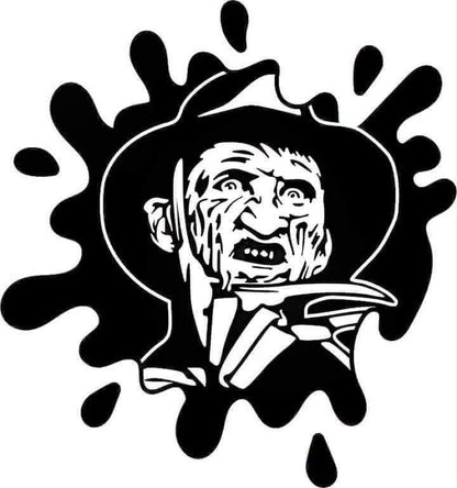 Black and white illustration of a character with a hat and cape against a black splatter background