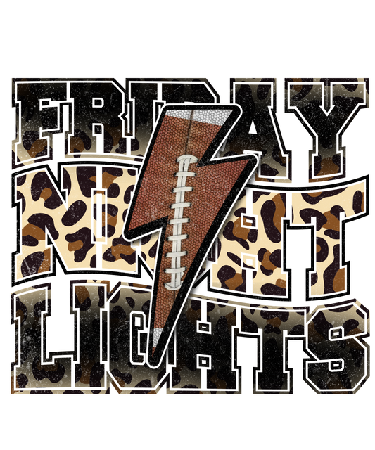 Design with 'Friday Night Lights' text featuring a football and lightning bolt, surrounded by leopard print patterns.