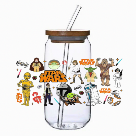 Clear tumbler with galactic character illustrations on a white background