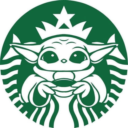 Coffee logo with a stylized character holding a cup