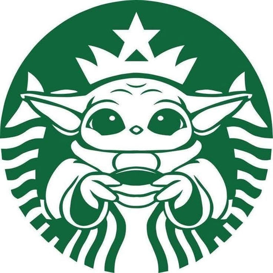 Coffee logo with a stylized character holding a cup