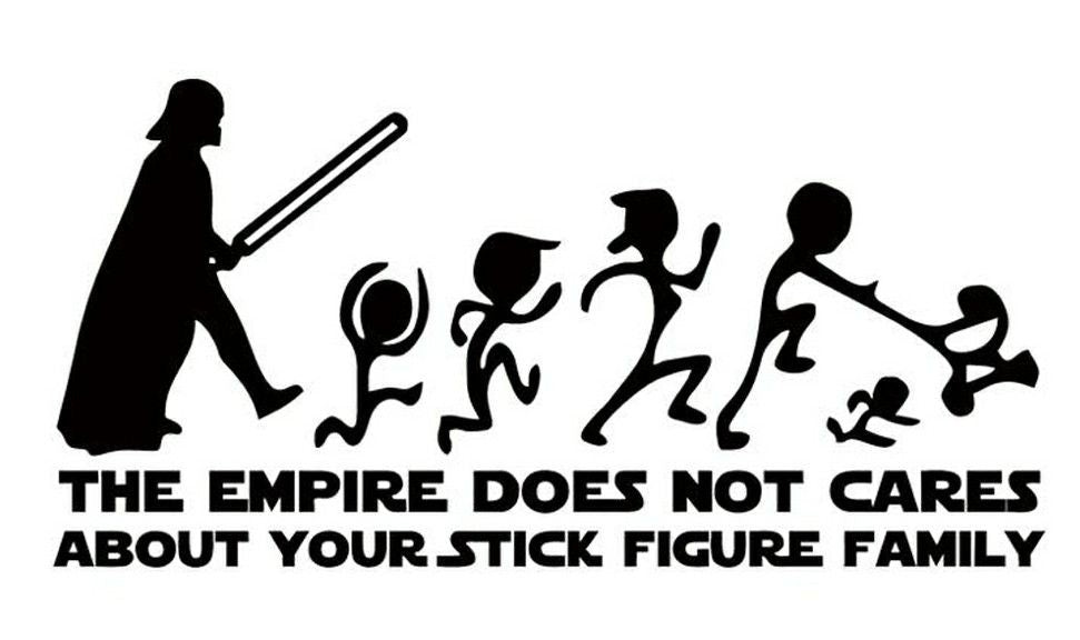 Silhouette of Galaxy Battles figure with a light saber, attacking stick figure family on a white background.