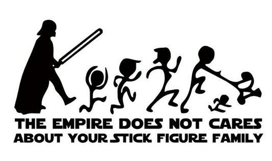 Silhouette of Galaxy Battles figure with a light saber, attacking stick figure family on a white background.