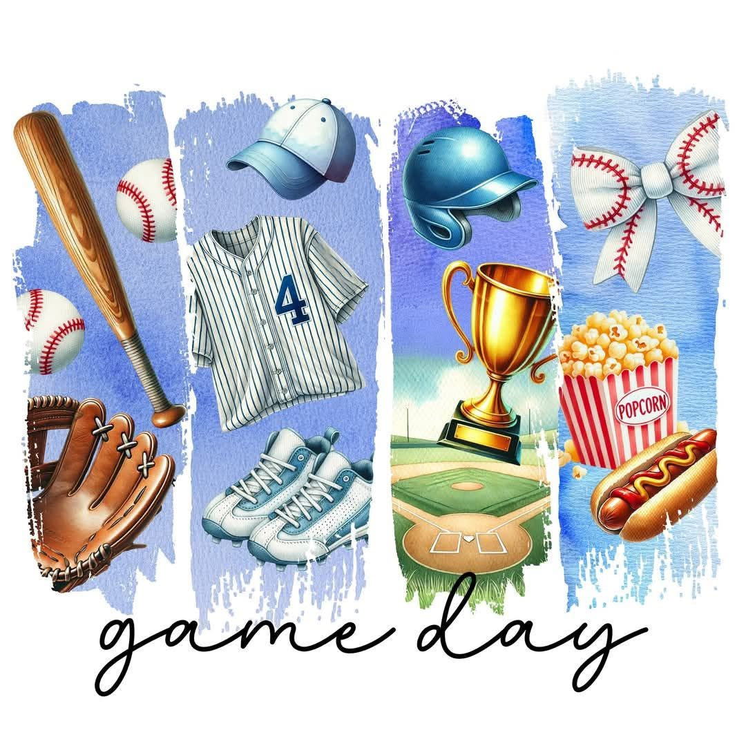 Illustration of baseball-themed items including a bat, helmet, jersey, and trophy on a blue background with 'game day' text.